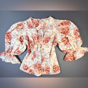 Free People Women's Floral Hippie Cottagecore Romantic Puff Sleeve Blouse S/M